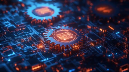 Poster - A glowing digital circuit running through interlocking gears, representing the infusion of technology into business operations.