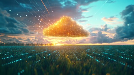 Wall Mural - A glowing digital cloud hovers above a lush green field, radiating streams of light as the sun sets in a colorful sky filled with clouds