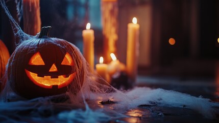 Wall Mural - Halloween atmosphere with pumpkin cobwebs and candles