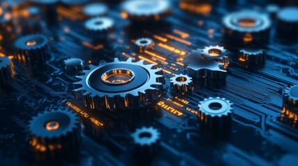 Poster - Digital gears blending with computer circuitry, symbolizing seamless collaboration between business operations and technology.