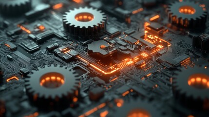 Poster - Digital gears blending with computer circuitry, symbolizing seamless collaboration between business operations and technology.