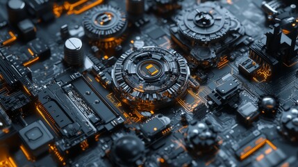  - Gear mechanisms overlaid with digital circuit patterns, symbolizing the harmonious connection between technology and business strategies.