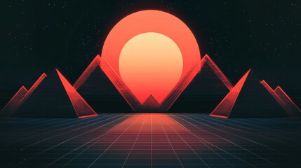 Poster - Futuristic landscape with retro geometric shapes and a glowing sun at twilight