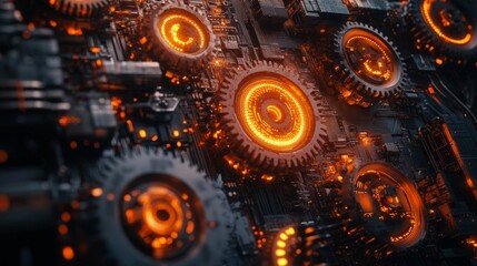 Poster - Industrial gears merging with electronic circuitry, demonstrating the integration of technology into business for optimal performance.