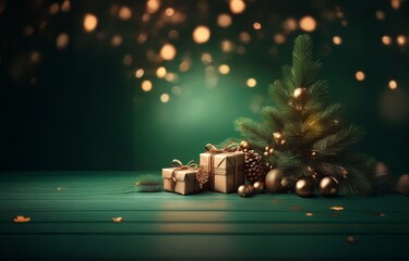 Two wrapped gifts with gold ribbon sit on a green wooden surface, surrounded by a pine bough, pine cones, and shiny gold ornaments. There are blurry lights in the background.