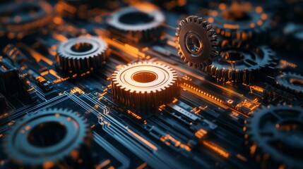 Poster - Industrial gears merging with electronic circuitry, demonstrating the integration of technology into business for optimal performance.