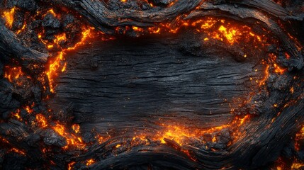 Fototapete - Glowing Molten Lava Frame Surrounding a Dark Wooden Surface