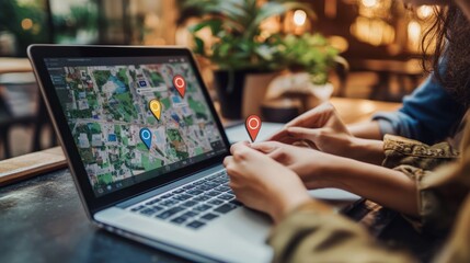 Poster - Marketers discussing local SEO strategies while optimizing Google My Business listings on a laptop, with various location pins displayed.