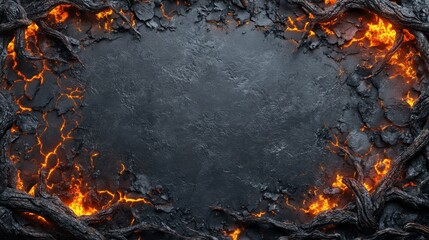 Fototapete - Black Rock Surface with Glowing Lava and Branches