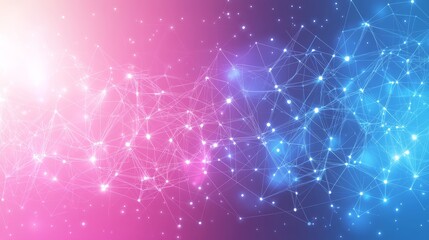 Poster - A vibrant composition displaying a digital network with interconnected nodes in shades of pink and blue, evoking a cosmic atmosphere filled with energy and connection