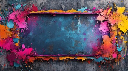 Colorful Abstract Paint Splashes Framing a Blue Surface