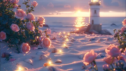 Poster - Roses and pink peonies grow on the beach, and a row of sparkling shells lead to an ancient lighthouse. The path is covered with white sand and dotted with flowers. a romantic atmosphere.