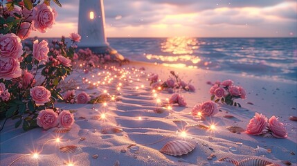Poster - Roses and pink peonies grow on the beach, and a row of sparkling shells lead to an ancient lighthouse. The path is covered with white sand and dotted with flowers. a romantic atmosphere.