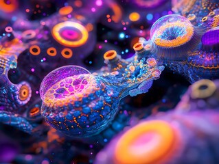 Leinwandbilder - A colorful abstract scene where 2D patterns interact with glowing, dynamic 3D shapes floating above