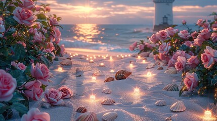 Poster - Roses and pink peonies grow on the beach, and a row of sparkling shells lead to an ancient lighthouse. The path is covered with white sand and dotted with flowers. a romantic atmosphere.