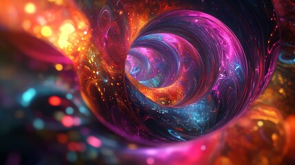 Leinwandbilder - A colorful mix of 2D abstract patterns blending seamlessly into glowing 3D shapes in a surreal, futuristic space