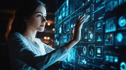 Wall Mural - Young Woman Interacting with Digital Interface Technology