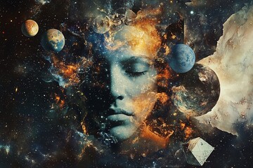a cosmic collage where planets, stars, and galaxies are mixed with abstract human faces and geometri