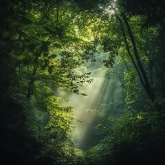 Aufkleber - A dense, mystical forest bathed in the glow of early morning light, with rich green leaves and an otherworldly mist