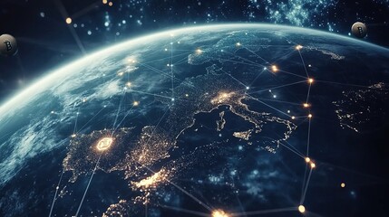 Poster - Aerial View of Earth with Network Connections at Night