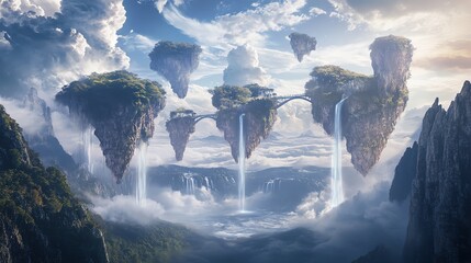 Poster - A fantasy landscape with floating mountains, connected by bridges of light and waterfalls falling into the sky