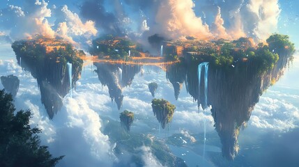 Poster - A fantasy landscape with floating mountains, connected by bridges of light and waterfalls falling into the sky