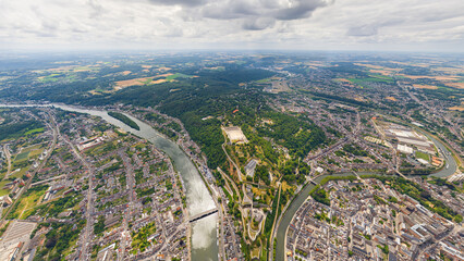 Namur, Belgium. Panorama of the city. Summer day, cloudy weather. Aerial view