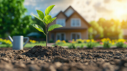 A green sprout in the soil near the house