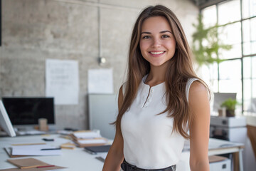 young beautiful happy woman standing smiling in the office at work