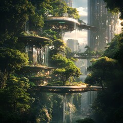 Poster - A fusion of organic forest elements with futuristic city structures, creating a landscape where nature and technology merge