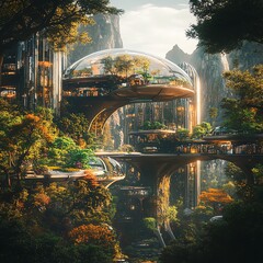 Poster - A fusion of organic forest elements with futuristic city structures, creating a landscape where nature and technology merge