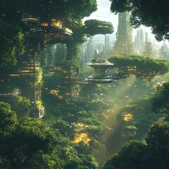 Poster - A fusion of organic forest elements with futuristic city structures, creating a landscape where nature and technology merge