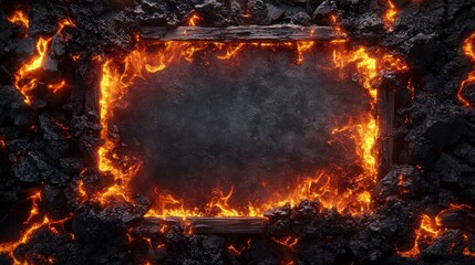Fototapete - Flaming Wooden Frame Surrounding Dark Concrete Surface