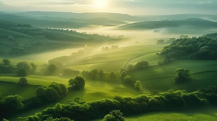 Poster - A misty countryside with rolling green hills and soft sunlight.