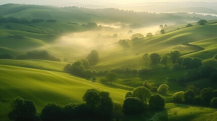 Poster - A misty countryside with rolling green hills and soft sunlight.