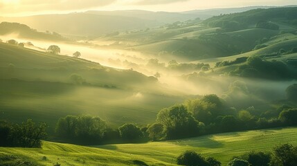Poster - A misty countryside with rolling green hills and soft sunlight.
