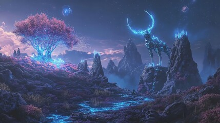 Poster - A futuristic landscape where nature and technology have merged, with bioluminescent trees and robotic animals