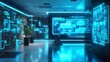 © สมเจตน์ หนูแก้ว - Futuristic digital interface in a modern room with glowing blue screens displaying data.