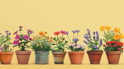 Poster - Various flowers in decorative pots showcase their vibrant colors against a soft background, creating a cheerful display. Generative AI