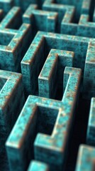 Poster - A detailed view of a turquoise maze showcases its complex design, with uniquely interlocking paths and high walls illuminated by daylight
