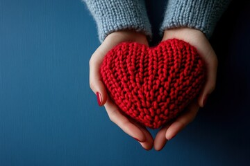 Health and Valentine's day concept. Women's hands hold a red knitted heart made of threads on a blue background. Close-up. The concept of a holiday and relationships.