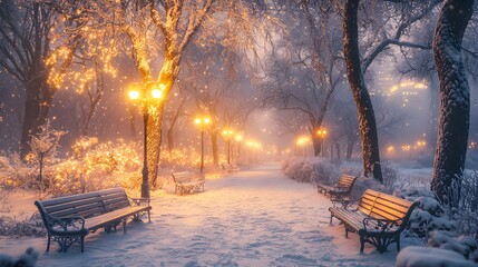 Beautiful winter evening stroll in a snow-covered park with glowing lamps. Generative AI