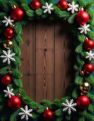 Festive Christmas wreath with red ornaments snowflakes and greenery on wooden background