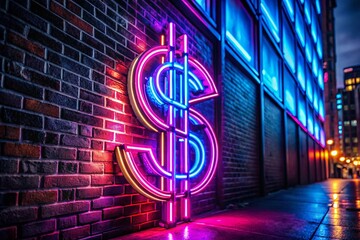 Wall Mural - Vibrant Neon Dollar Sign Illuminating a Dark Urban Background in a Contemporary Style Design