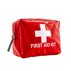 Red First Aid Kit: A close-up shot of a red, zippered first aid kit with a white cross and the words 