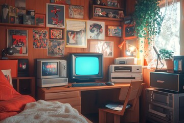 A hyperrealistic scene of a 90s bedroom with posters, old computers, and retro gadgets, perfectly capturing the era