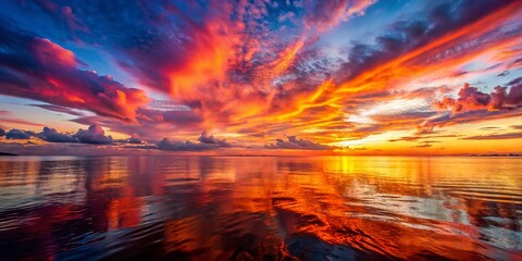 Poster - Vibrant Ocean Red Sunset Over Calm Waters with Reflections and Clouds Illuminating the Sky