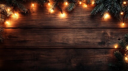 Rustic christmas background featuring brown wooden plank surrounded by warm fairy lights above and below, ideal for holiday advertisements and seasonal promotions with ample copy space for custom text