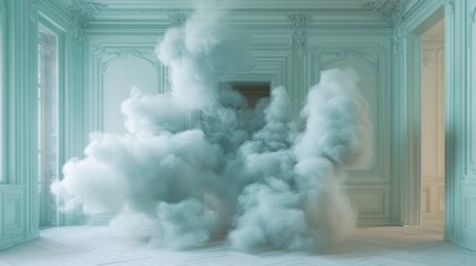 Poster - In a beautifully designed room, a swirl of pastel-colored smoke suddenly fills the space, creating an ethereal and artistic atmosphere that transforms the interior