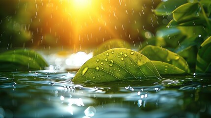 Poster - Beautiful sparkling raindrops falling on leaves and water. the sun is shining through the rain.